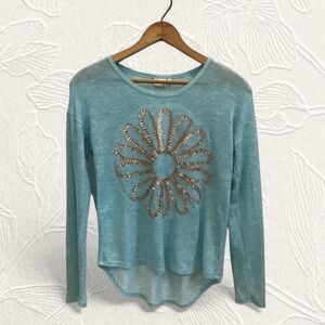 Mudd Women’s Blue Full Sleeves Knit Top W Brown Sequin Daisy Fits Like Size S